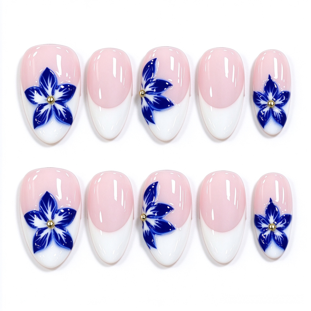 Uñas Postizas con Flores Azules en Punta Francesa