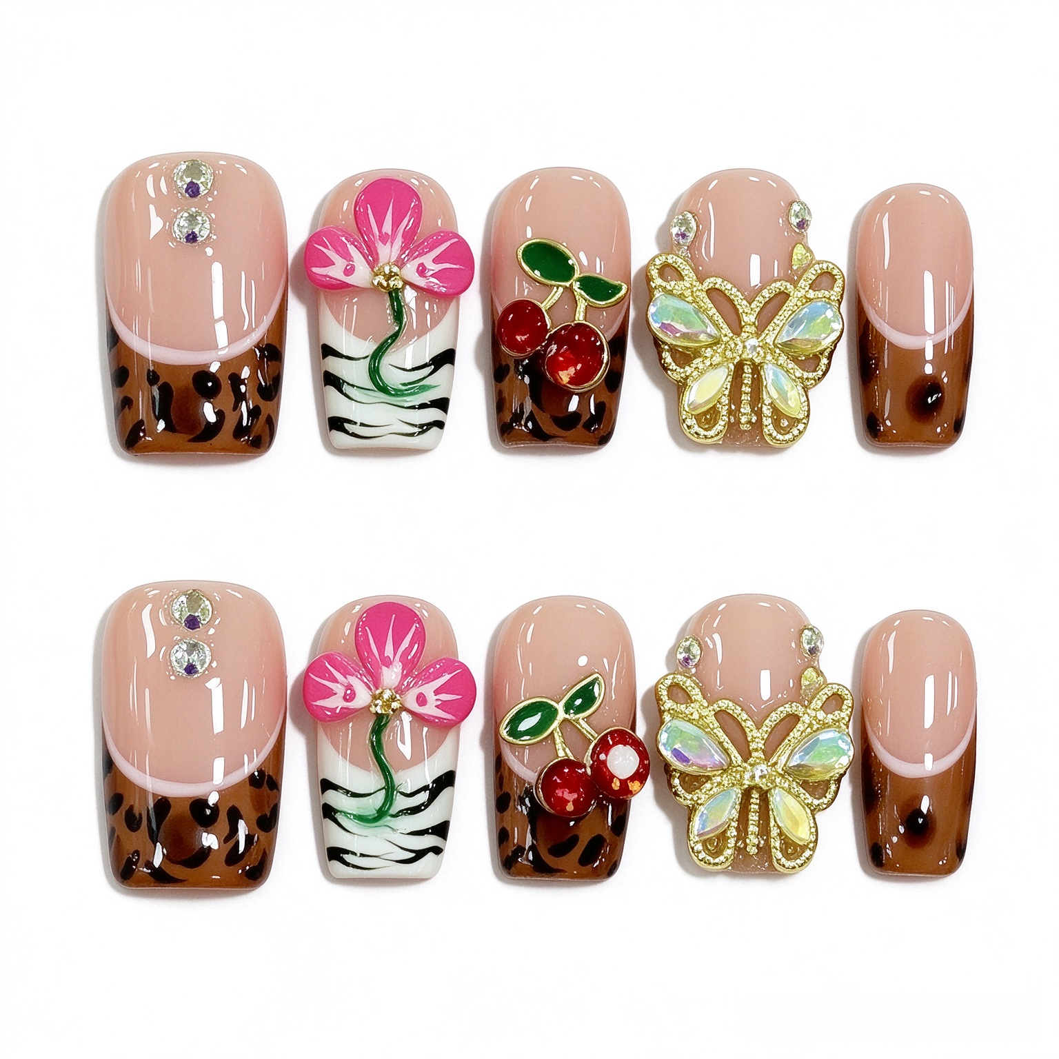 Uñas Postizas con Estampado de Leopardo, Flor, Cereza y Mariposa