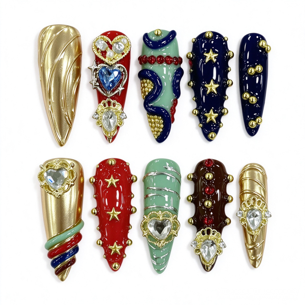 Uñas Postizas Stiletto Semihechas, Estilo Lujoso con Corazones y Piedras