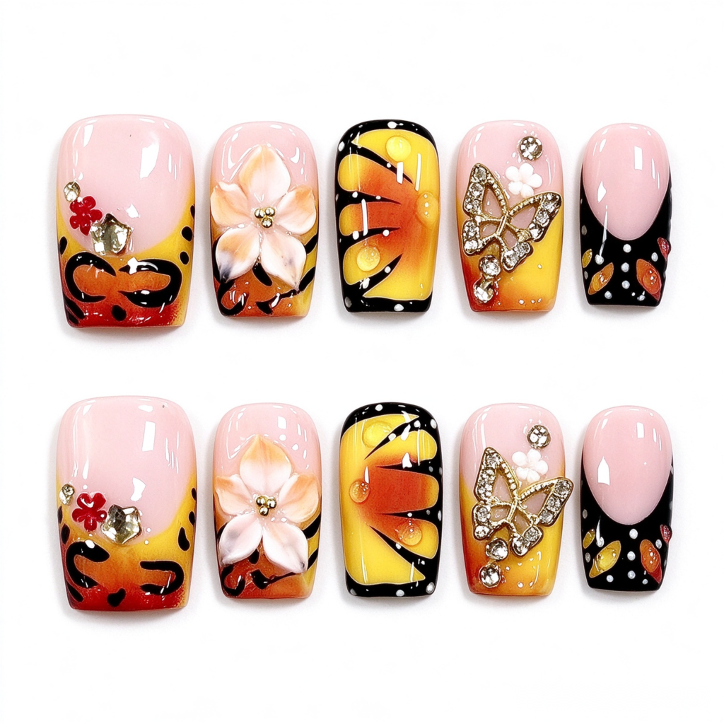 Uñas Postizas con Diseño de Mariposa en Tonos Amarillo y Rojo