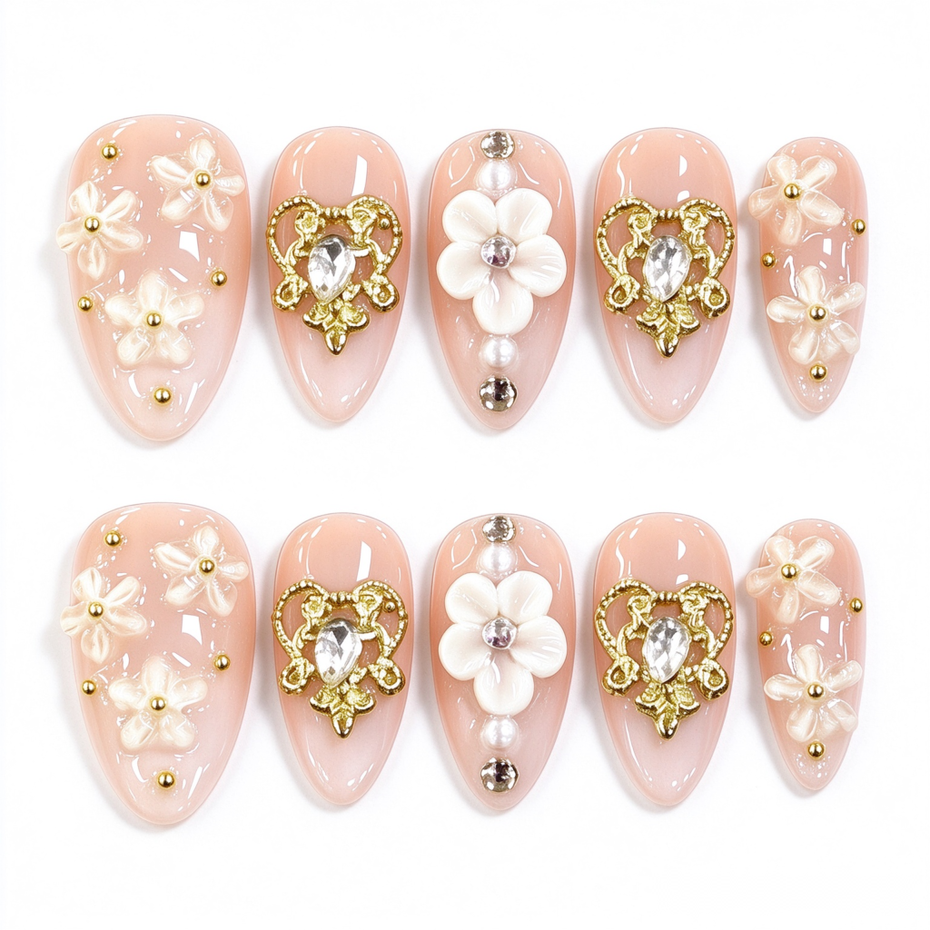Uñas Postizas con Flores Blancas y Decoraciones Doradas