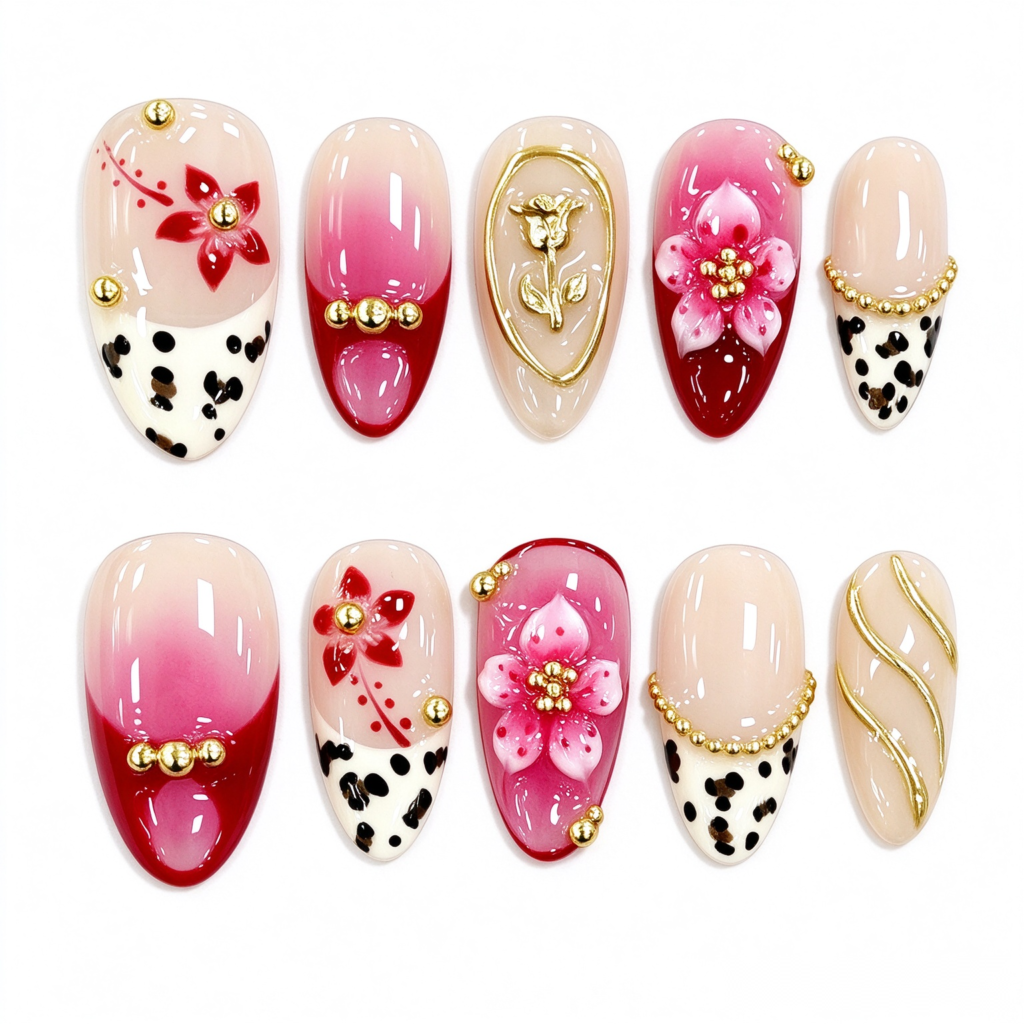 Uñas Postizas con Flores Rosas y Estampado de Leopardo
