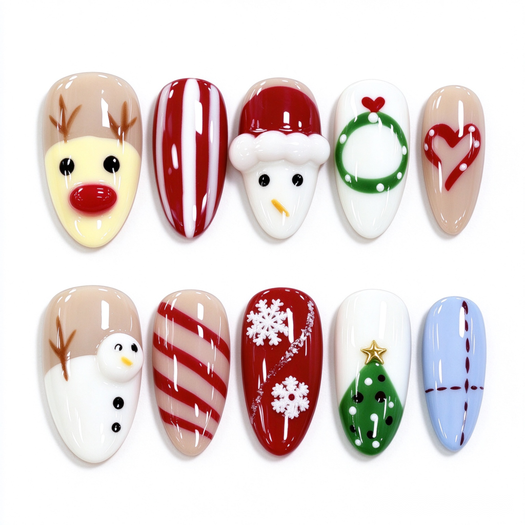 Uñas Postizas de Navidad con Reno, Muñeco de Nieve y Árbol