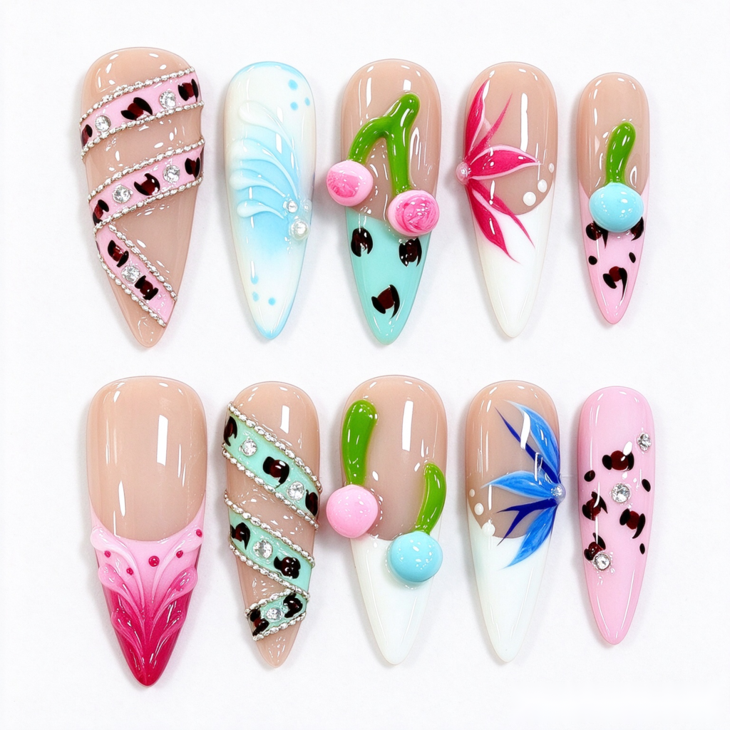 Uñas Postizas con Tulipanes, Cintas y Flores Coloridas