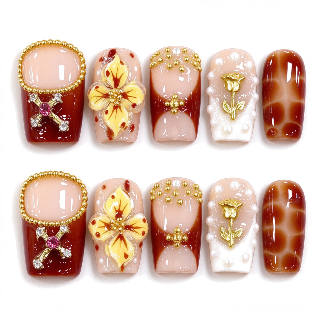 Uñas Postizas Vintage con Flores Amarillas y Adornos Dorados