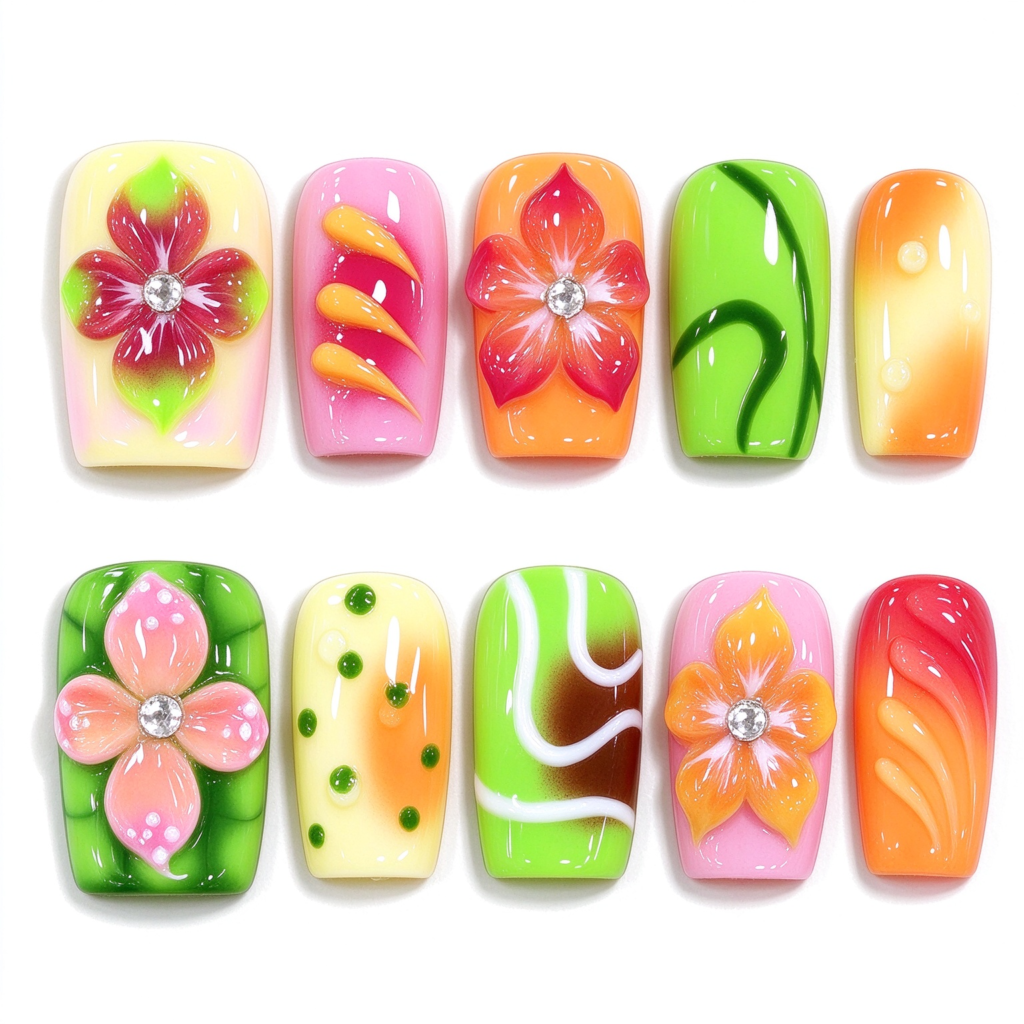 Uñas Postizas Hechas a Mano con Flores Tropicales Coloridas