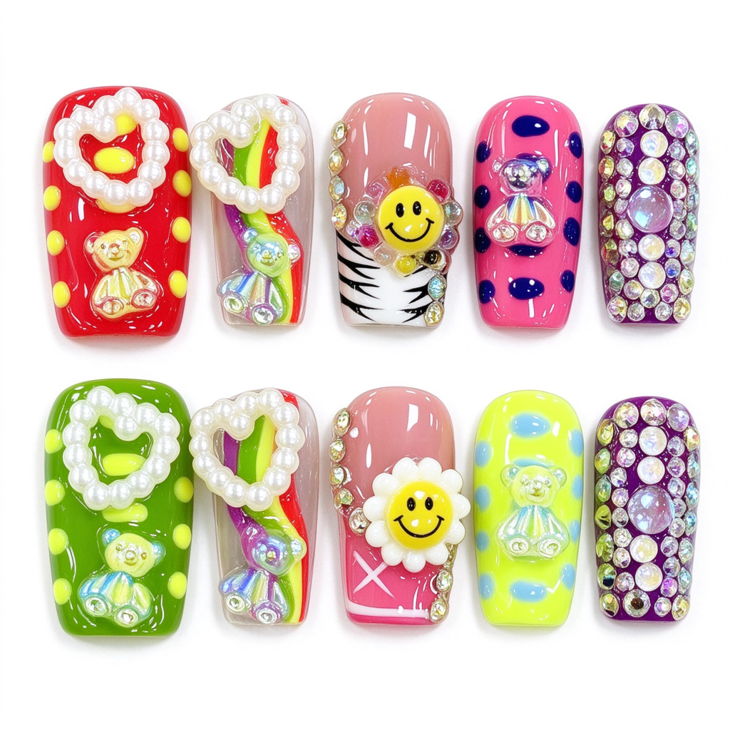 Uñas Postizas Dopamina con Diseños de Corazón y Sonrisa