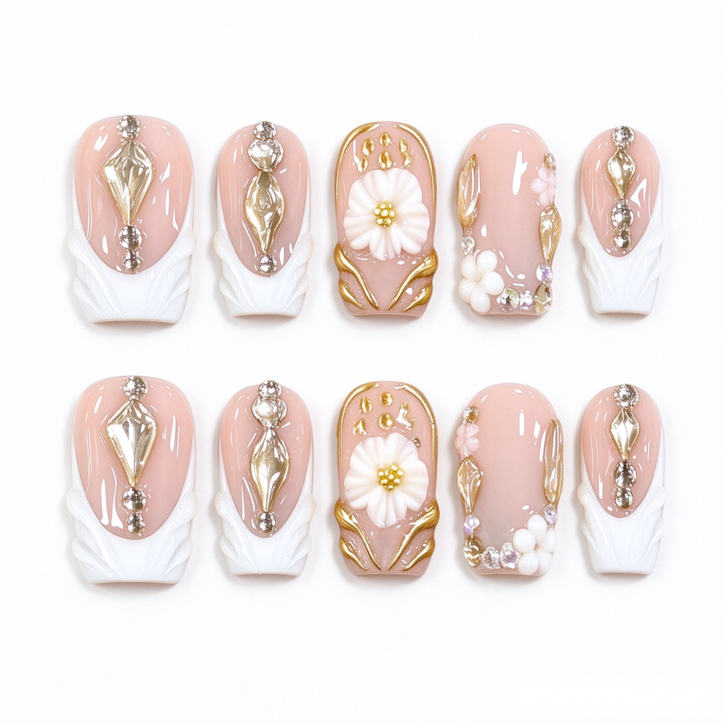 Uñas Postizas Hechas a Mano con Relieve Floral Blanco 3D y Adornos Dorados