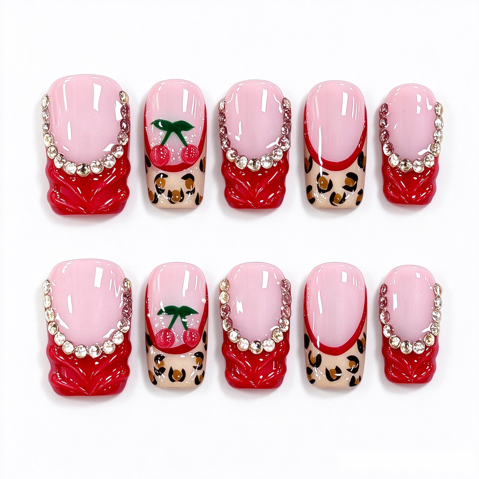 Uñas Postizas Hechas a Mano con Relieve 3D de Cereza y Leopardo