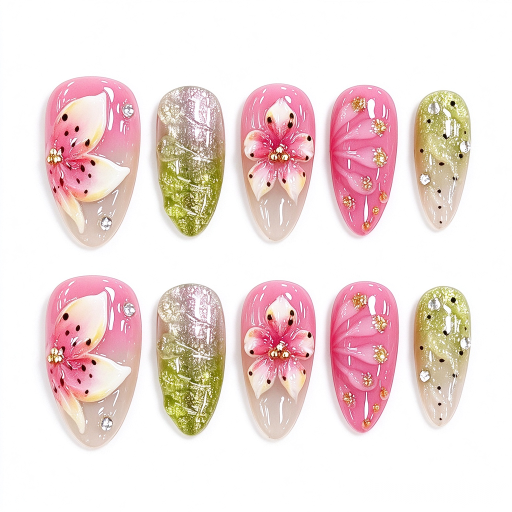 Uñas Postizas Hechas a Mano con Relieve Floral 3D