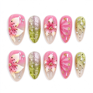 Uñas Postizas Hechas a Mano con Relieve Floral 3D