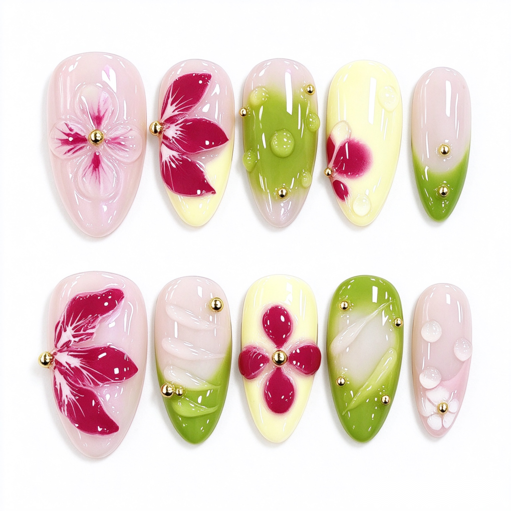 Uñas Postizas Hechas a Mano con Flores Pintadas a Mano