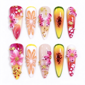 Uñas Postizas Stiletto, Flores 3D Semihechas a Mano