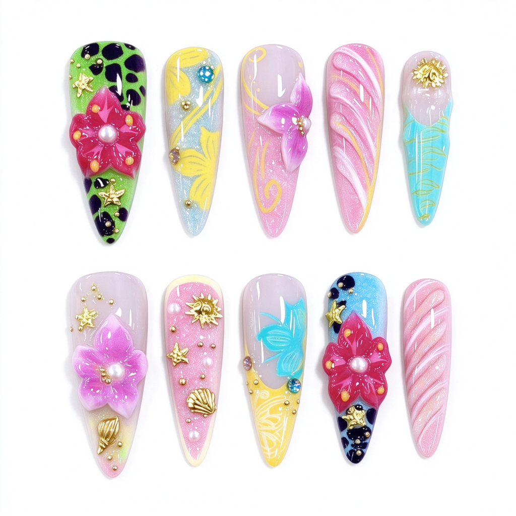 Uñas Postizas Stiletto Semihechas, Flores 3D Coloridas