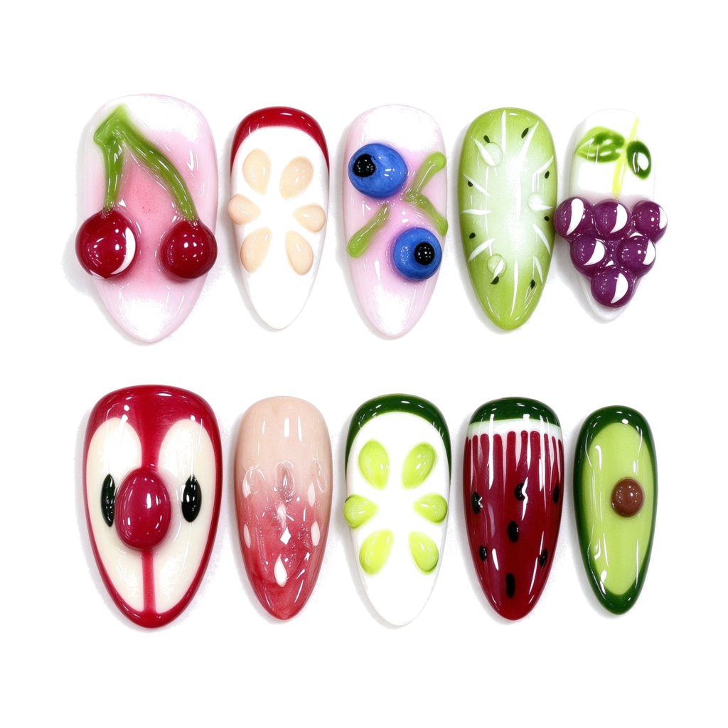 Uñas Hechas a Mano 10pcs, Uñas de Frutas Coloridas, Estilo Divertido