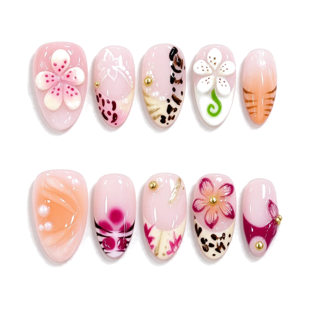 Uñas Postizas Almendra Hechas a Mano, Flores y Leopardo, Tonos Melocotón
