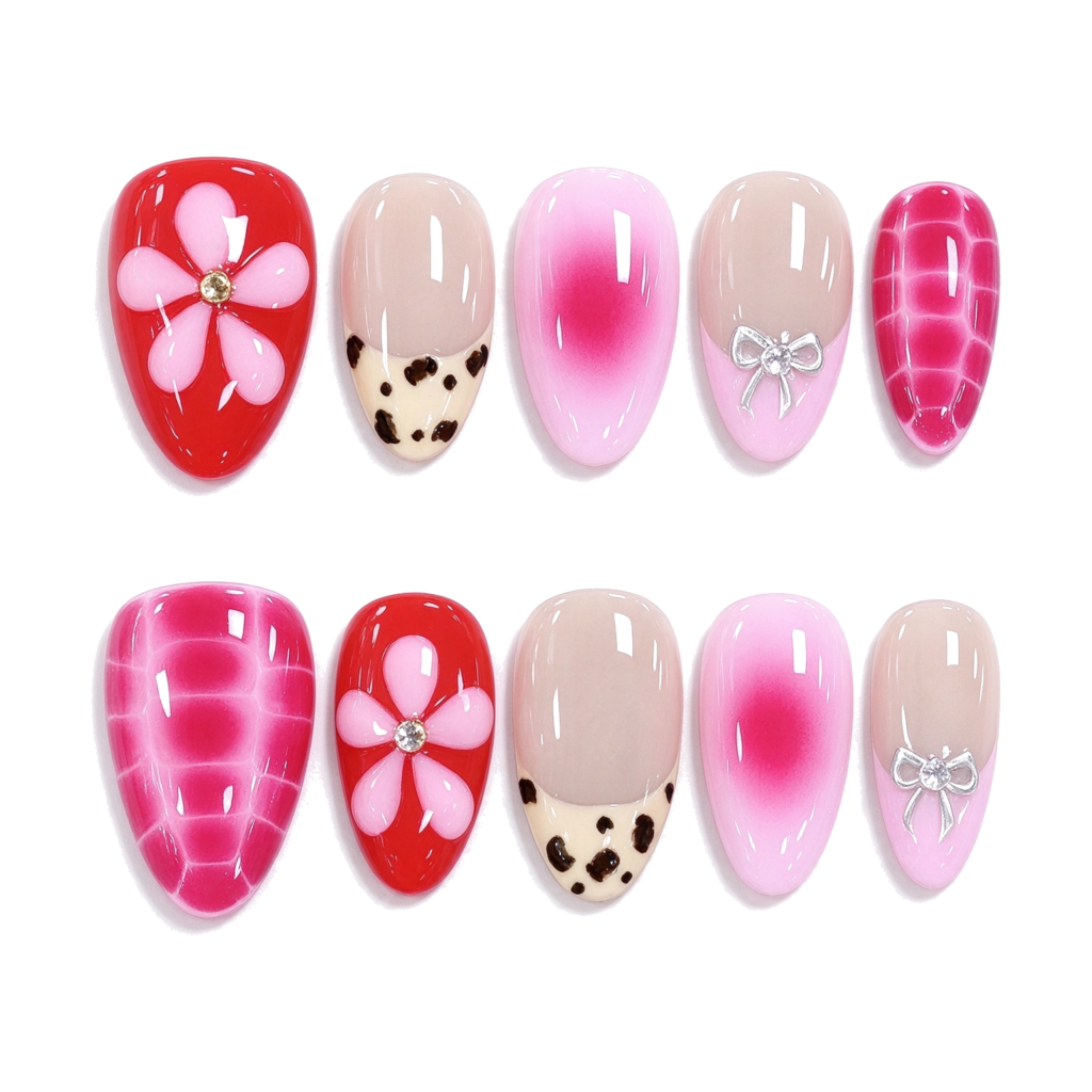 Uñas Postizas Almendra Hechas a Mano, Flor y Leopardo Super Bonitas