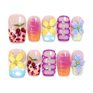 Uñas Postizas Hechas a Mano, Diseño Tropical de Flores y Cerezas, Forma Cuadrada