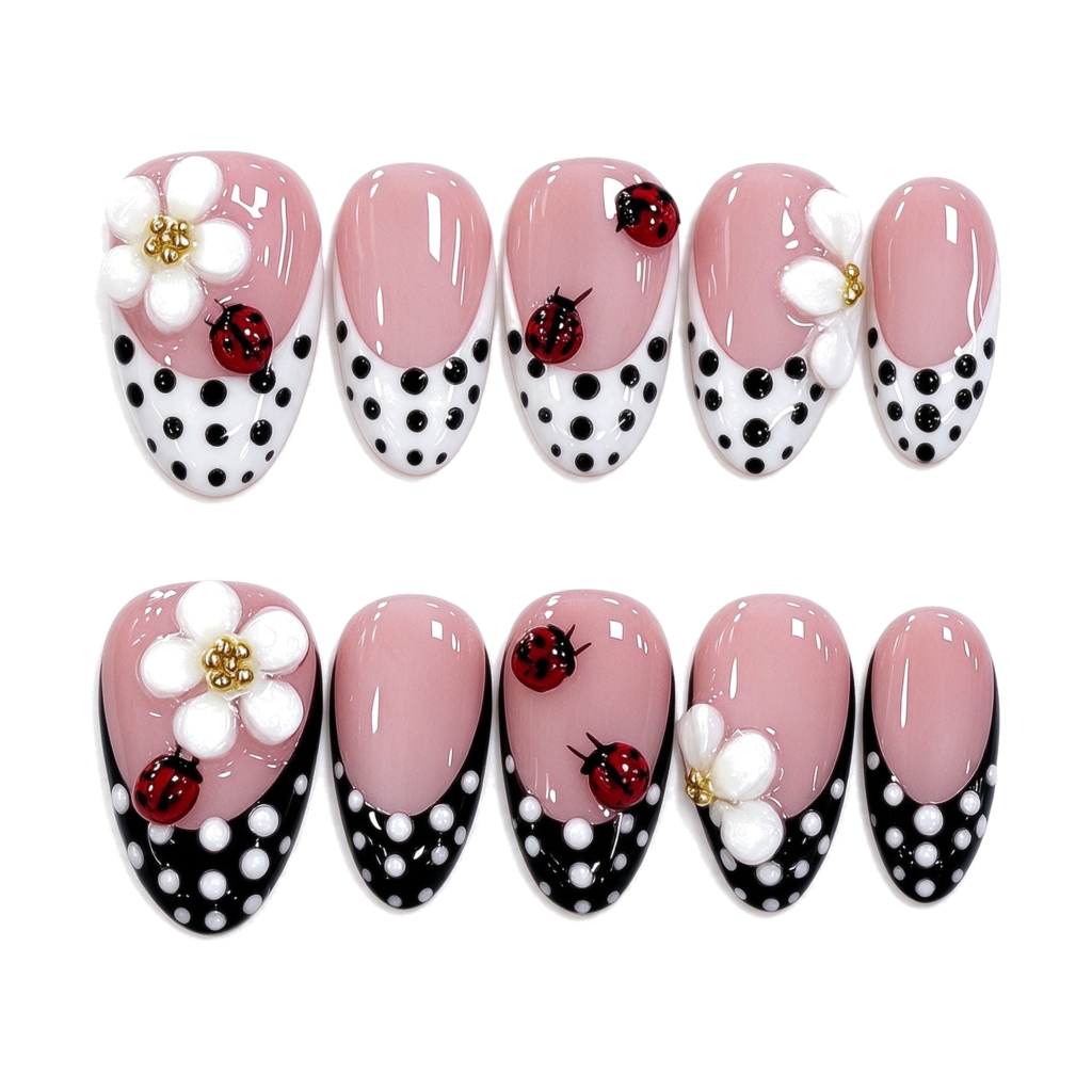 Uñas Postizas Hechas a Mano, Estilo Flor y Catarina, Forma Almendra