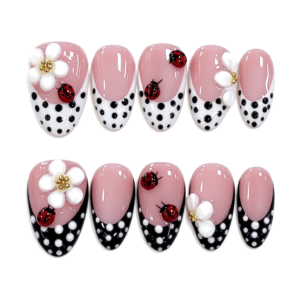 Uñas Postizas Hechas a Mano, Estilo Flor y Catarina, Forma Almendra