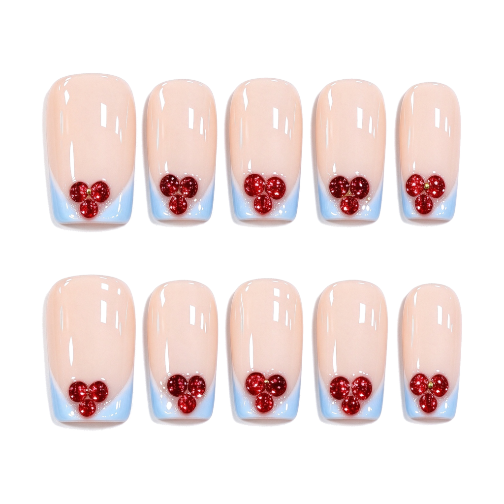 Uñas Postizas Hechas a Mano Cuadradas, Nude Punta Azul con Corazones Rojos, 10pcs