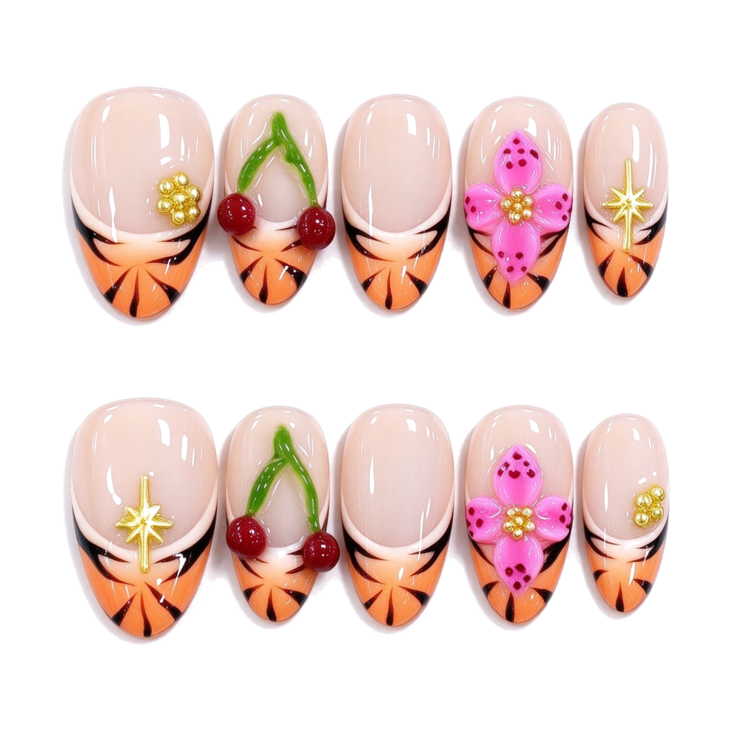 Uñas Postizas Hechas a Mano Almendra, Estilo Tigre con Cerezas y Flores, 10pcs