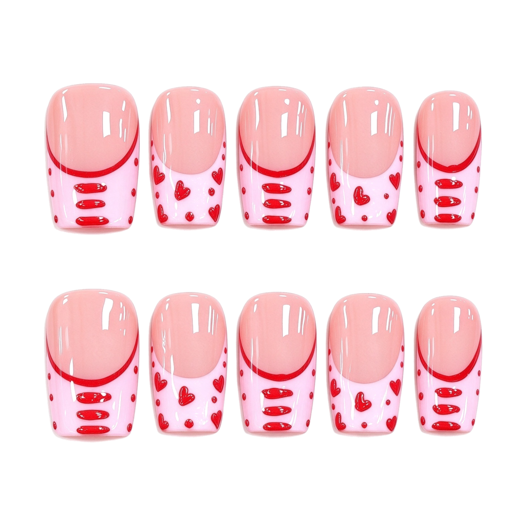Uñas Postizas Cuadradas Nude con Corazones Rojos, 10pcs