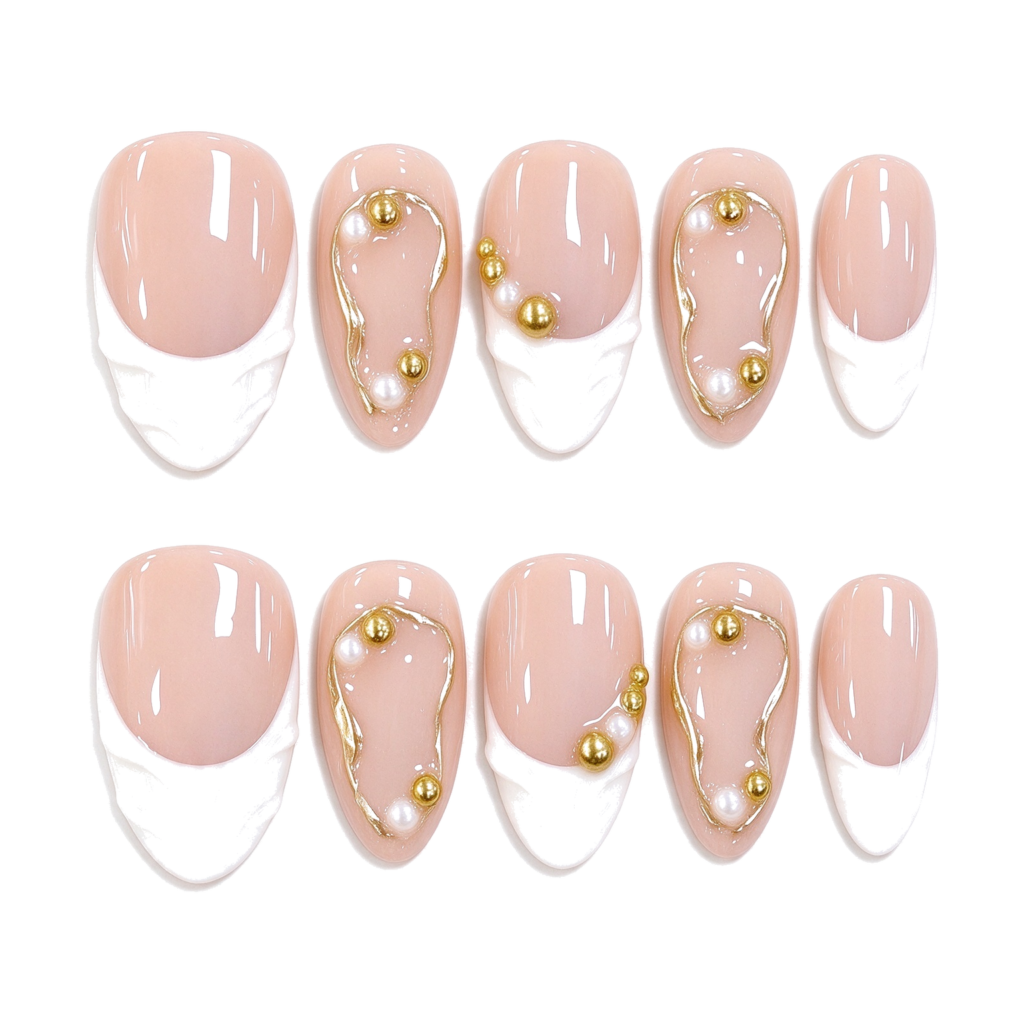 Uñas Postizas Francés Nude con Decoraciones Doradas, 10pcs